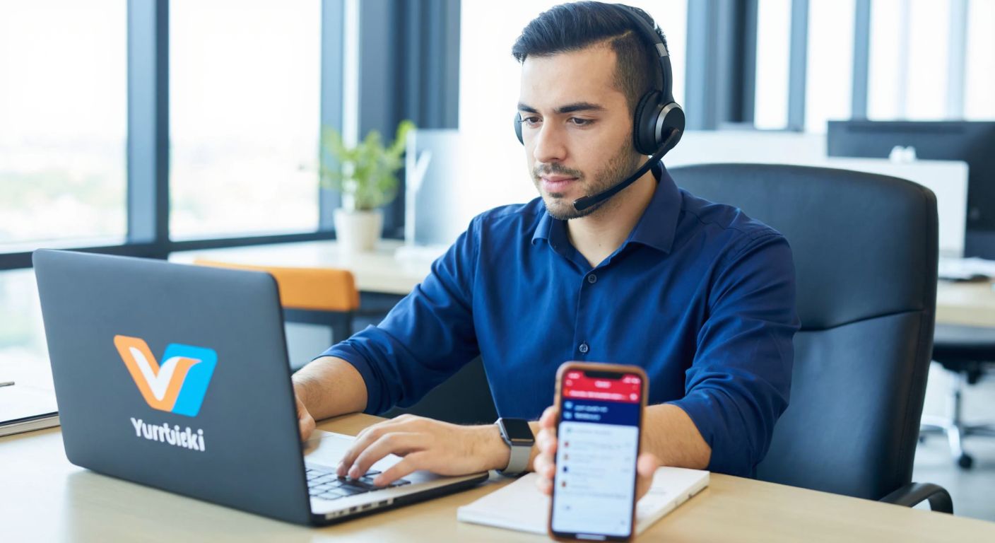 A focused Turkish person in a modern office setting, wearing a headset and typing on a laptop with a Yurtiçi Kargo logo visible on the screen, while holding a smartphone displaying an SMS notification.
