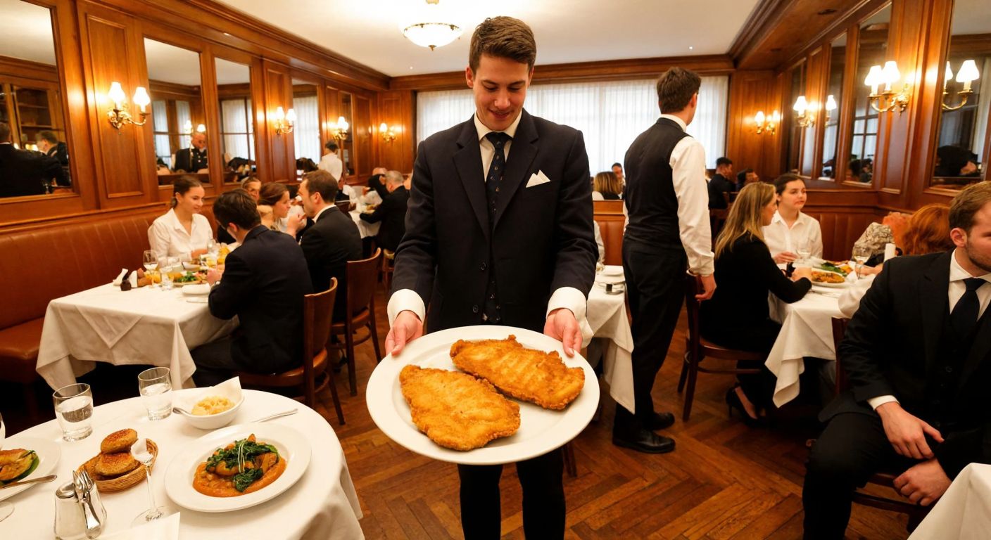 A bustling Viennese restaurant with golden-brown schnitzels sizzling on plates, surrounded by elegantly dressed waiters and patrons enjoying the meal in a warm, wood-paneled dining room.