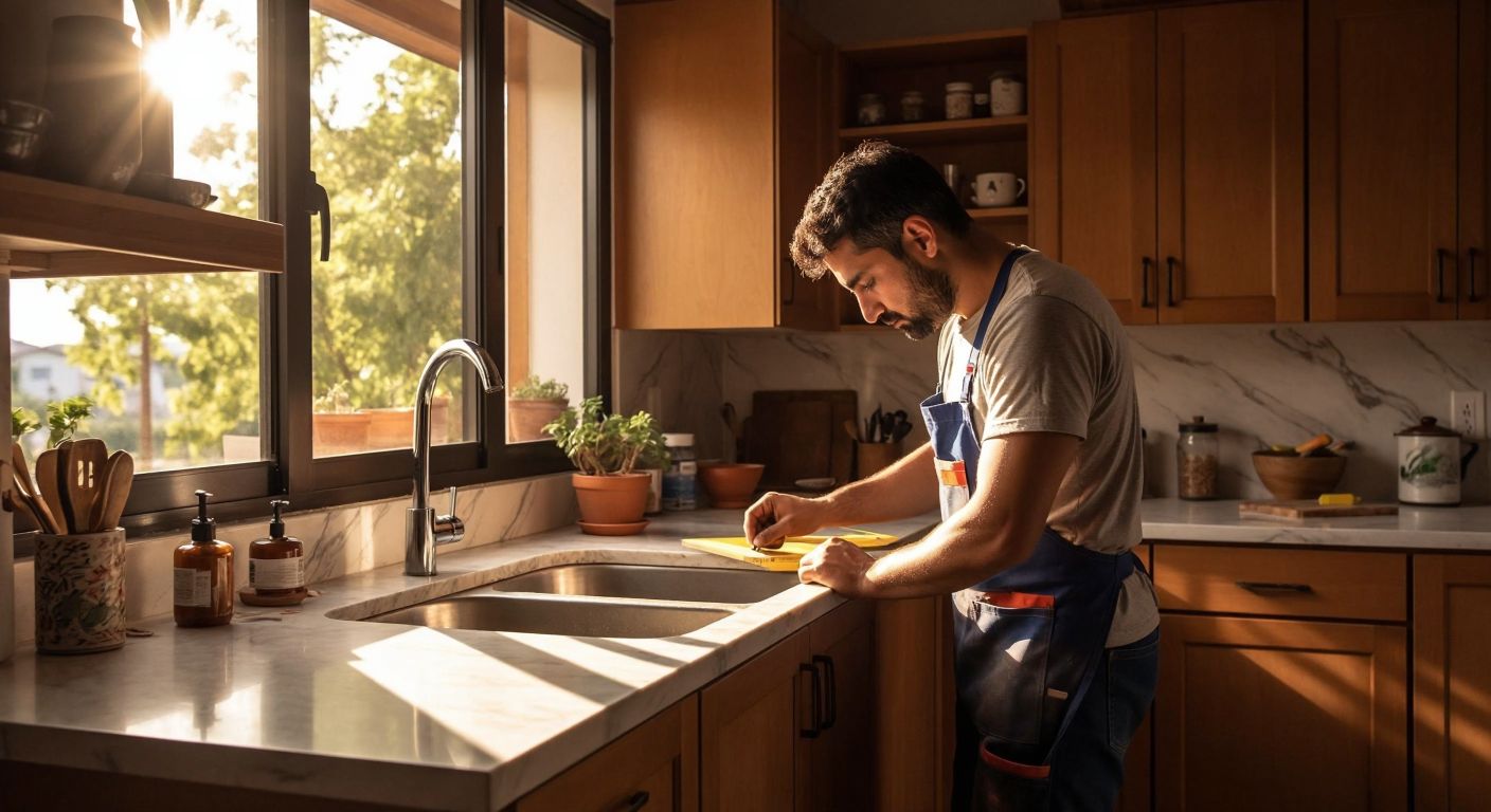 A focused Turkish carpenter in a sunlit kitchen, carefully measuring a wooden cabinet with a tape measure while a stainless steel sink and marble countertop sit nearby.