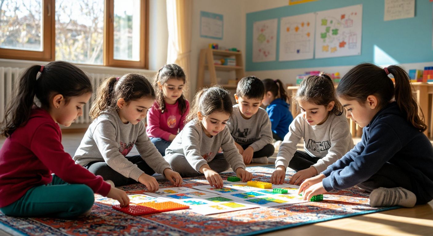 A bright, sunlit classroom in Turkey with diverse groups of children of different ages engaged in hands-on coding activities—younger kids arranging colorful coding cards on a rug, middle-aged children building block-based puzzles on tables, and older teens sketching flowcharts on paper, all with focused, curious expressions.