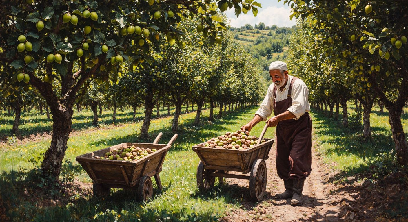 A lush, sunlit hazelnut orchard in Sakarya, with rows of verdant trees heavy with ripe nuts, a weathered wooden wheelbarrow nearby, and a smiling elderly farmer in traditional Turkish clothing carefully inspecting the harvest.