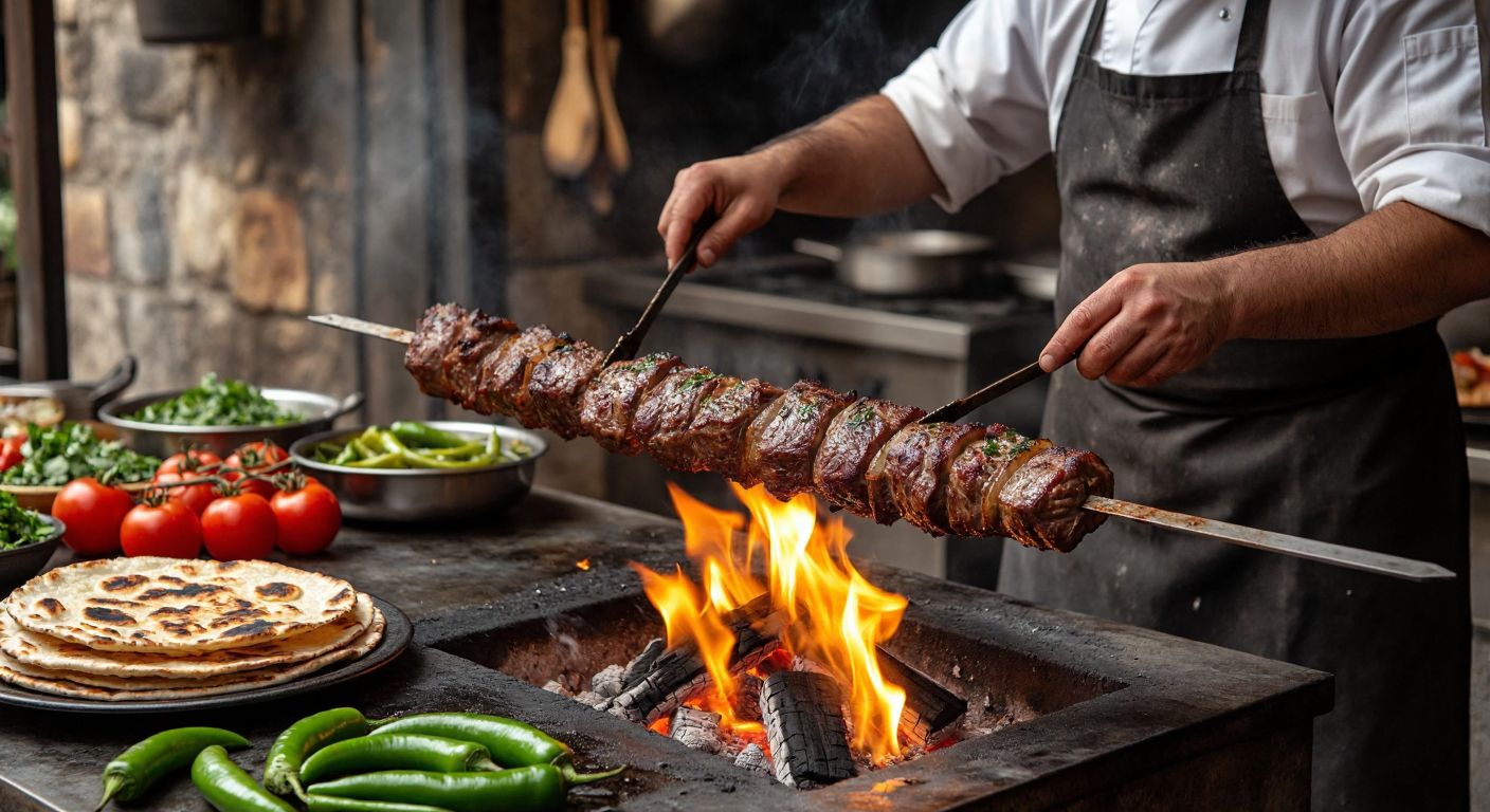 A skilled cook in a traditional Turkish kitchen carefully layers marinated lamb slices onto a horizontal skewer over a glowing wood fire, surrounded by fresh ingredients like tomatoes, green peppers, and lavash bread.