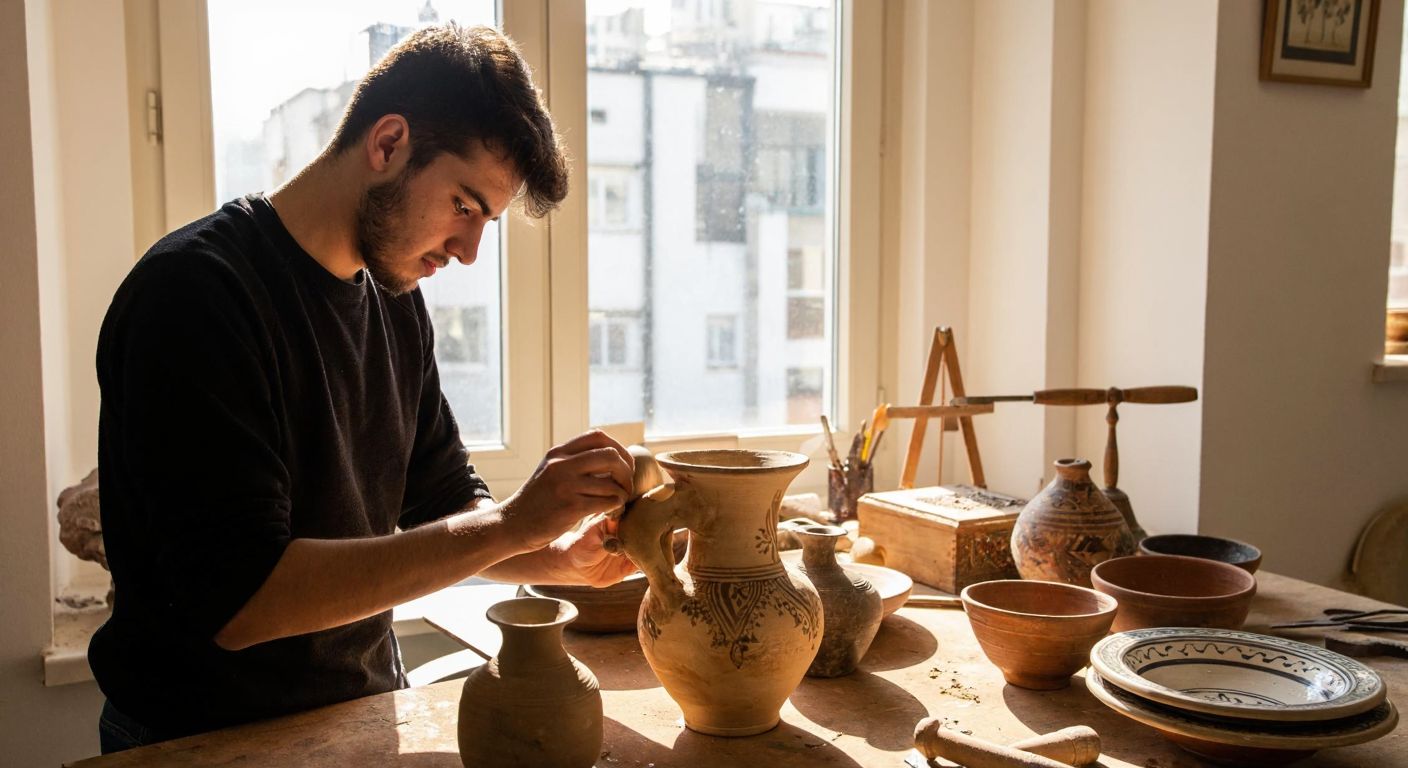 A young Turkish student in a sunlit university workshop carefully restores an ancient ceramic vase, surrounded by traditional Ottoman-era artifacts and tools.