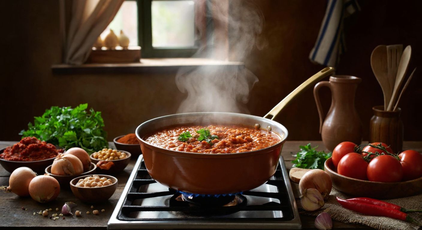 A warm, rustic Turkish kitchen scene with a bubbling pot of salçalı yarma (cracked wheat stew) on a stove, surrounded by fresh ingredients like onions, chickpeas, and tomato paste, while a wooden spoon stirs the rich, reddish dish emitting aromatic steam.