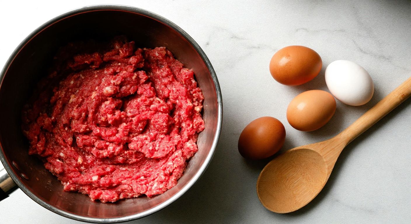 A Turkish kitchen counter with a large bowl of fresh ground meat, three whole eggs beside it, and a wooden spoon ready for mixing, evoking a warm, homey cooking atmosphere.