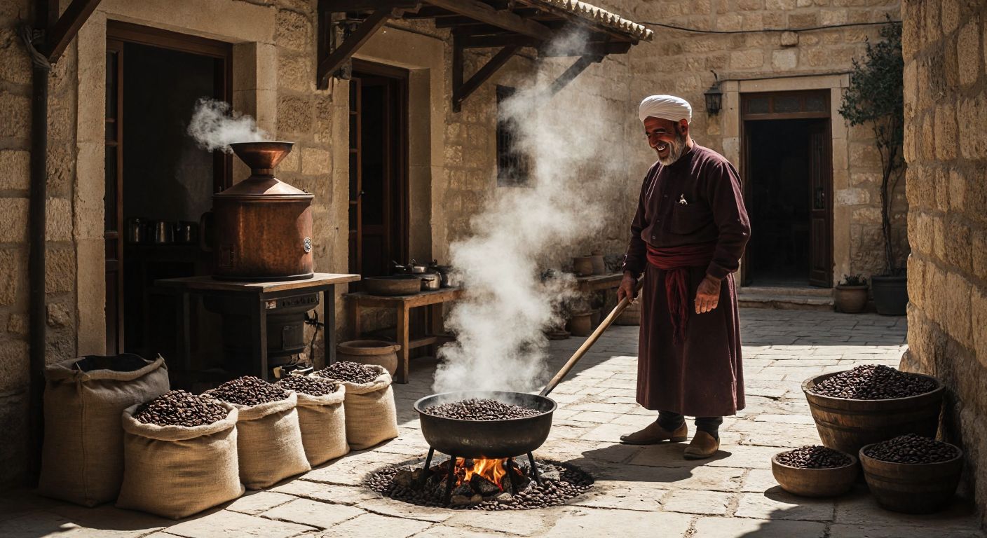 A sunlit stone courtyard in Midyat, Mardin, with a weathered copper coffee roaster steaming over a small fire, surrounded by burlap sacks of fresh coffee beans and a smiling elderly man in traditional Turkish clothing stirring the beans with a wooden paddle.