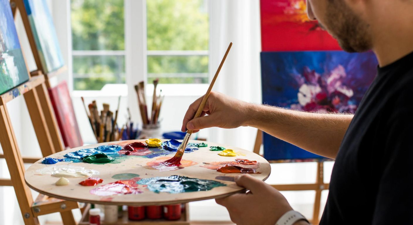 A Turkish artist in a sunlit studio carefully mixes vibrant acrylic water-based paints on a wooden palette, surrounded by colorful canvases and brushes.