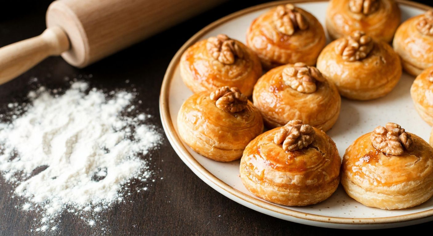 A warm Turkish kitchen with golden-brown cevizpare pastries arranged on a ceramic tray, topped with walnut halves and glistening with syrup, while a wooden rolling pin and scattered flour hint at the baking process.