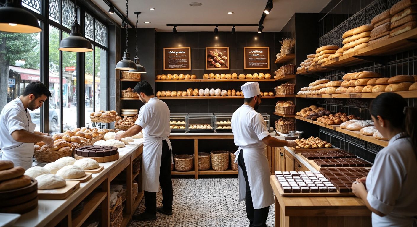 A bustling Turkish bakery with bakers in white aprons kneading dough, shelves lined with fresh bread and pastries, and a display of chocolate bars, while a chef demonstrates techniques to attentive trainees in the background.