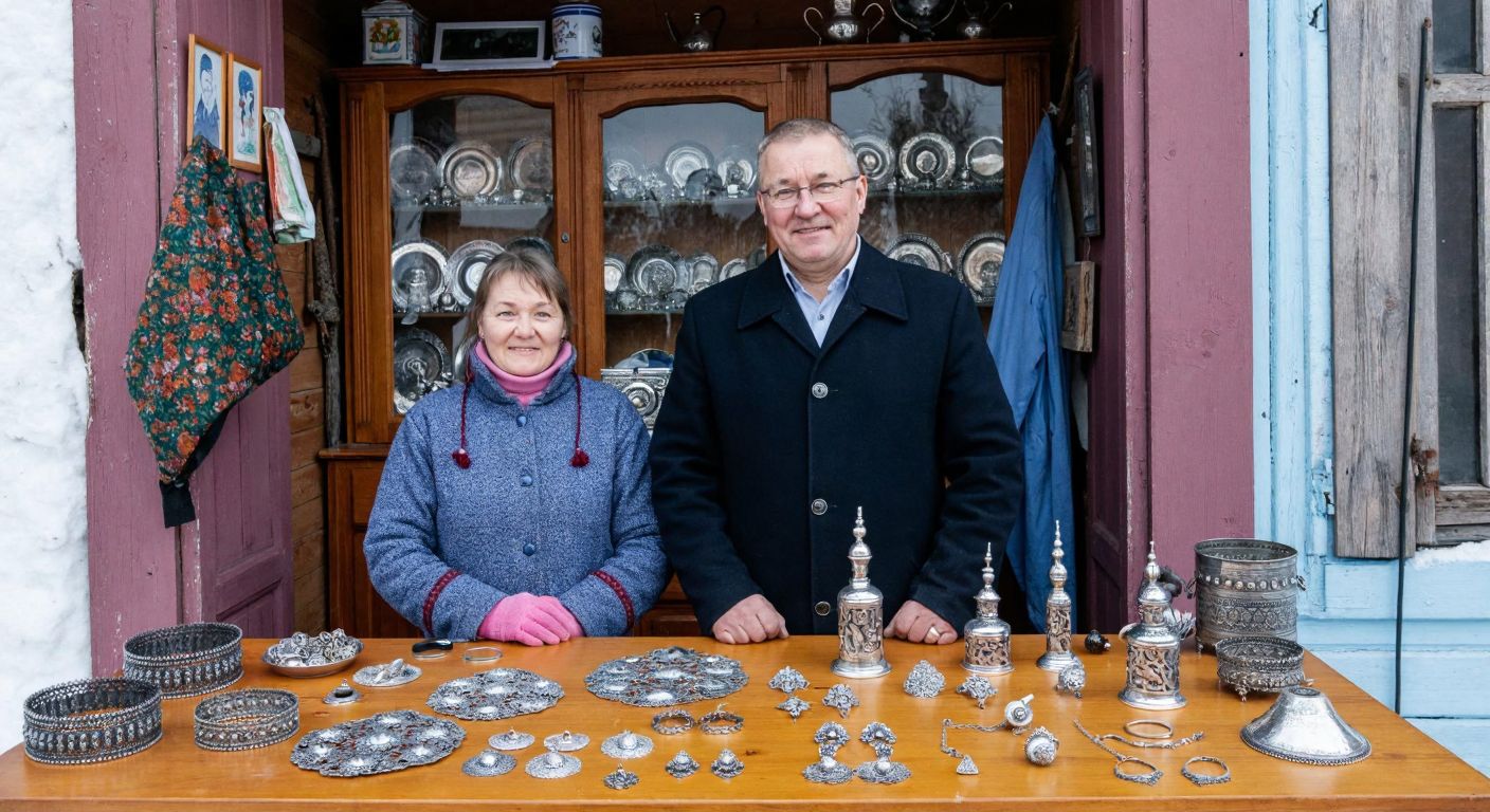A middle-aged Russian couple, Alexey and Elena Sokolov, standing proudly in front of a small jewelry workshop in the snowy village of Krasnoye-na-Volge, with warm smiles and intricate silver jewelry displayed on wooden tables.