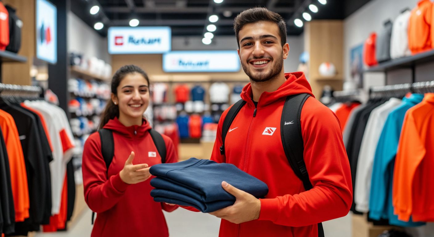 A young Turkish athlete in a bright sports store holds a neatly folded sports jacket, smiling with relief as a friendly shop assistant gestures toward a return policy sign.