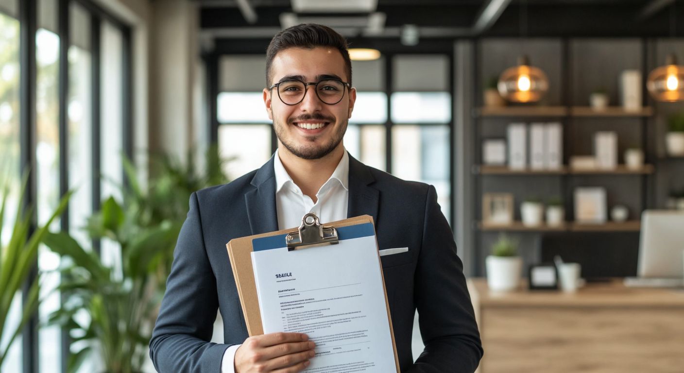 A confident young professional in a modern Turkish office, holding a neatly organized resume while smiling warmly, surrounded by subtle icons representing skills, achievements, and education.