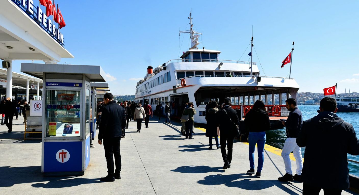 A bustling Istanbul ferry terminal with a large İDO ferry docked, passengers boarding under a bright blue sky, while others check schedules on their phones near a kiosk.