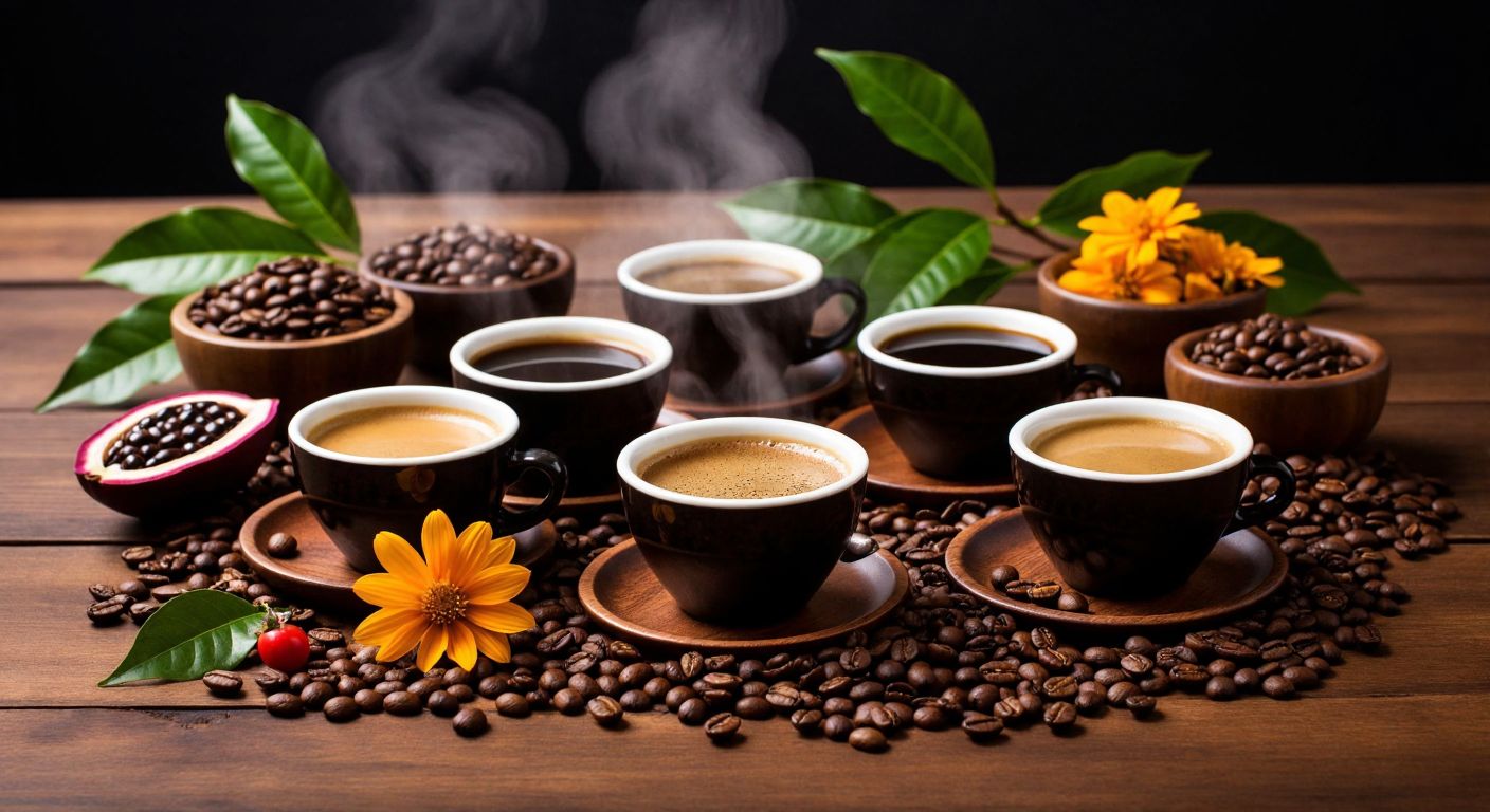 A wooden table set with small cups of steaming coffee from different countries, each surrounded by their native ingredients like Colombian coffee beans, Brazilian cacao pods, Ethiopian flowers, and Kenyan berries, evoking a warm, aromatic global coffee journey.