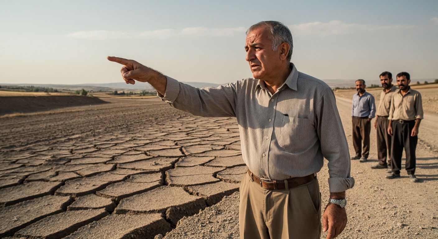 A concerned elderly Turkish geologist in a collared shirt points at a cracked, sunbaked landscape near Gaziantep, with faint fault lines visible beneath the earth, while locals in traditional şalvar pants watch anxiously.