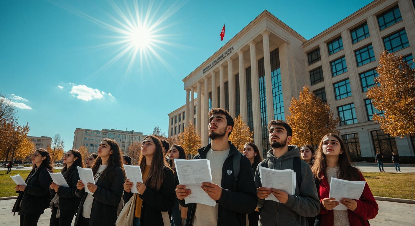 A solemn, modern government building in Ankara with Turkish students nervously clutching exam papers outside, their faces reflecting determination and anxiety under a bright sun.