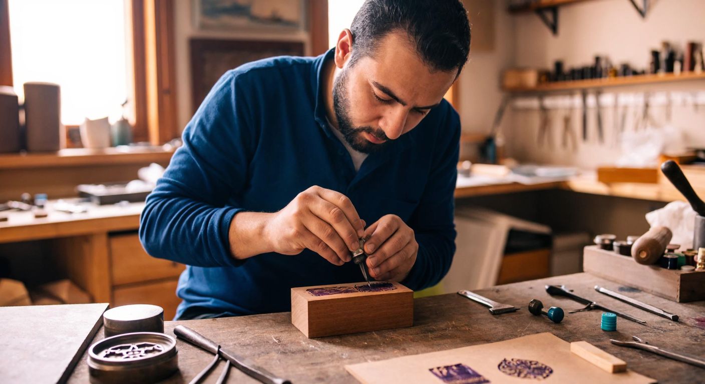 A focused Turkish artisan carefully carves a custom stamp on a wooden block in a cozy workshop, surrounded by various stamp designs and tools.