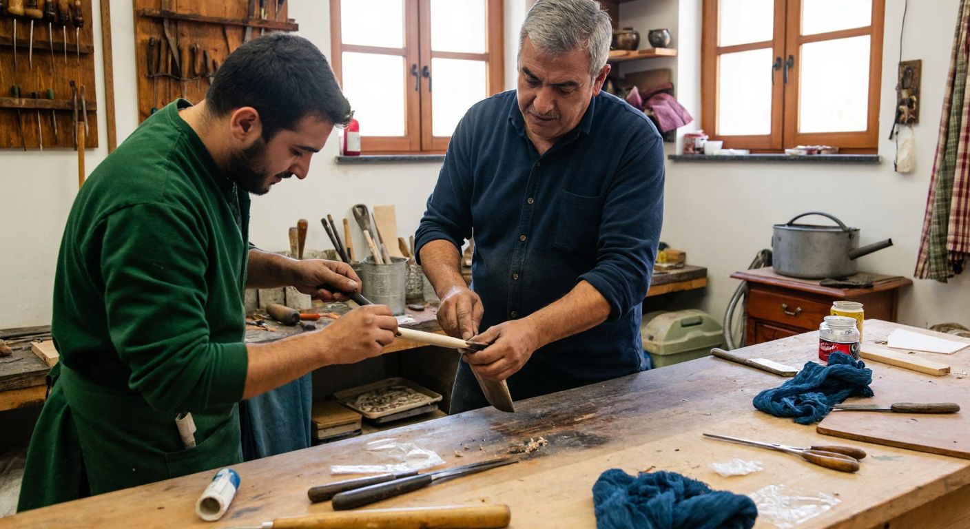 A skilled Turkish artisan in a workshop carefully demonstrating a traditional craft technique to an attentive apprentice, with tools and materials scattered on a wooden table.