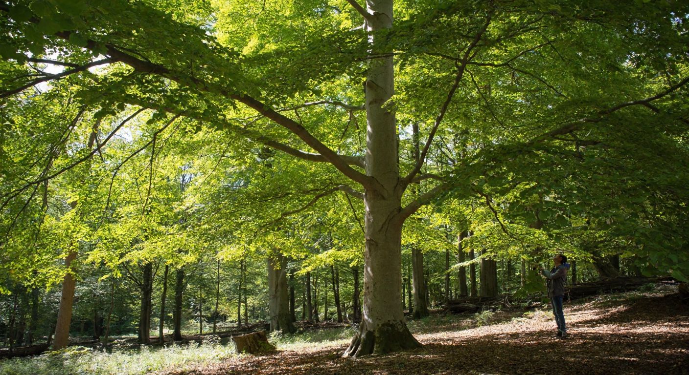 A lush beech tree with smooth silver bark stands in a sunlit Turkish forest, its leaves rustling gently while a person nearby examines its branches with curiosity.