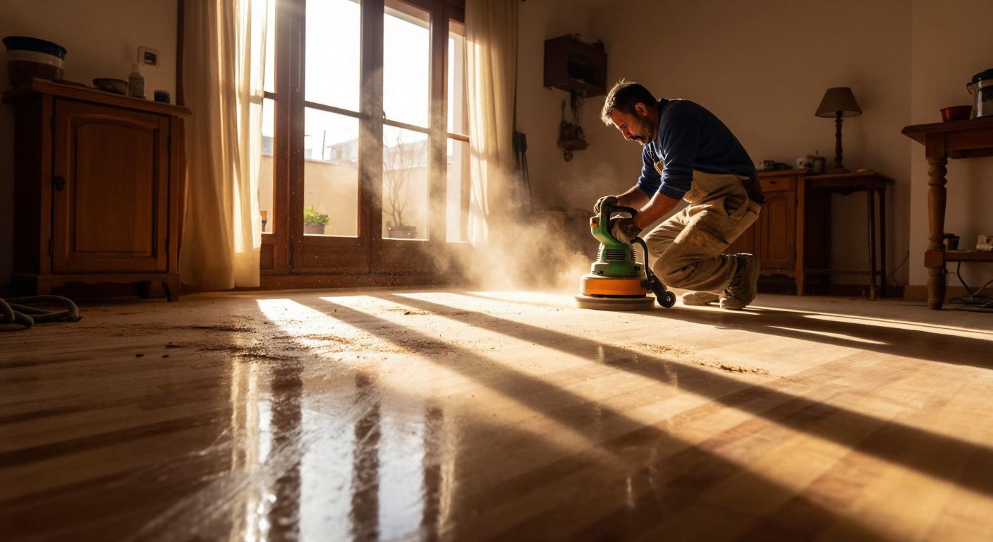 A worker in a Turkish home carefully sanding a worn wooden floor with a specialized machine, surrounded by wood dust and a freshly polished section gleaming in the sunlight.