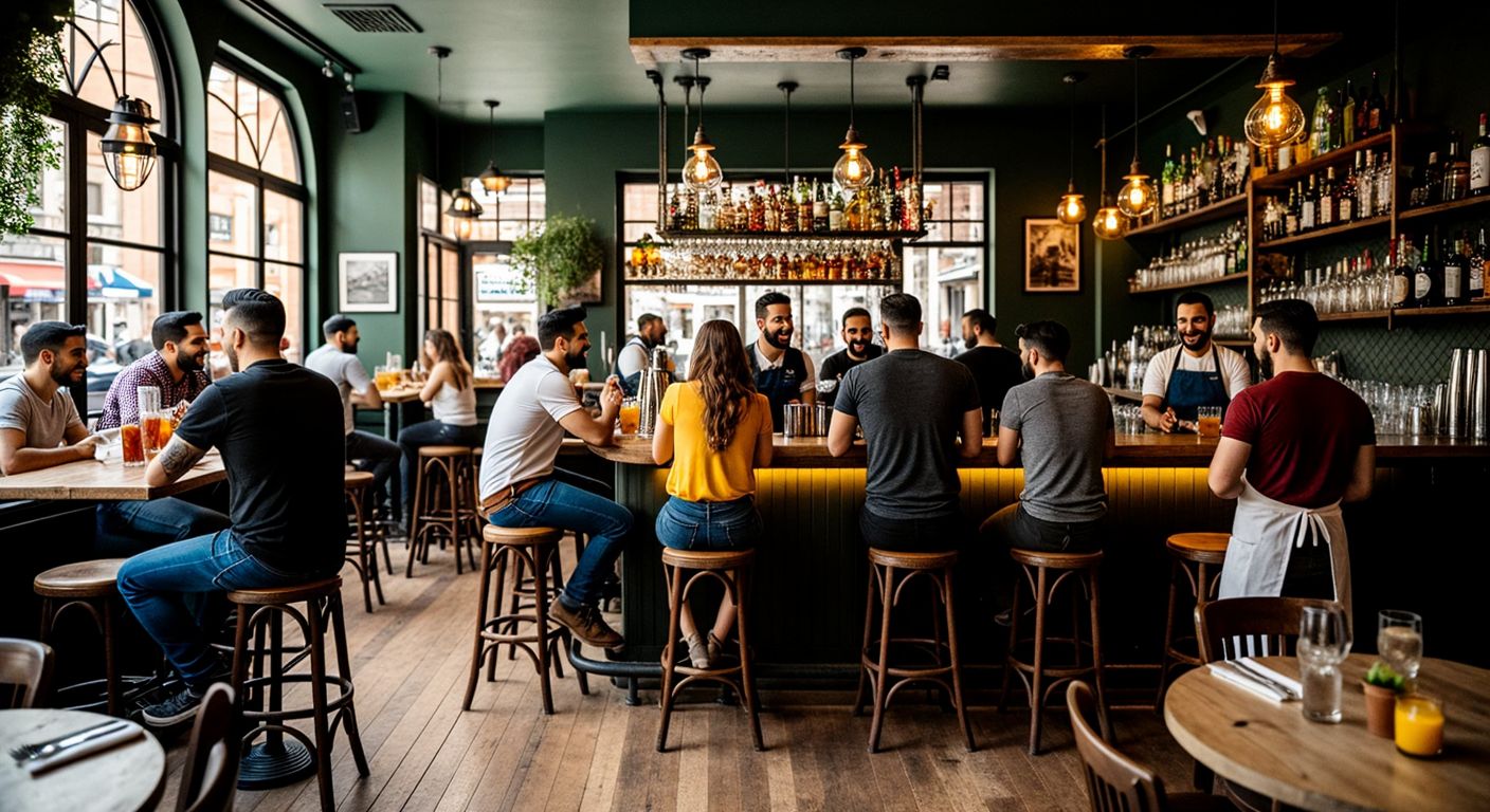 A lively Turkish bar with tall wooden tables surrounded by patrons on high stools, chatting and laughing while bartenders in crisp aprons serve colorful drinks over the polished counter.