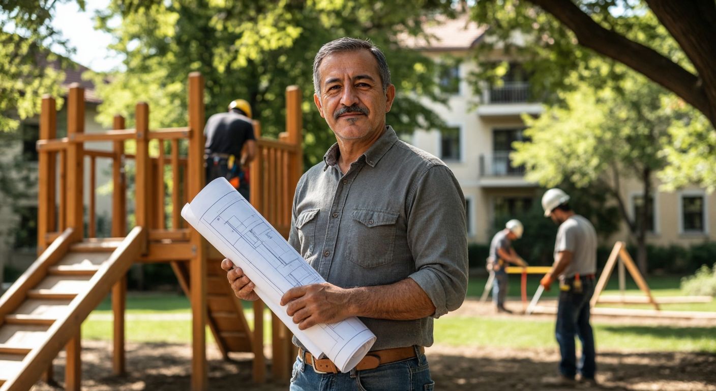 A middle-aged Turkish man with a confident expression stands in a sunlit park, wearing a casual shirt and holding blueprints for a wooden playground, while in the background, workers install electrical wiring on a nearby building.