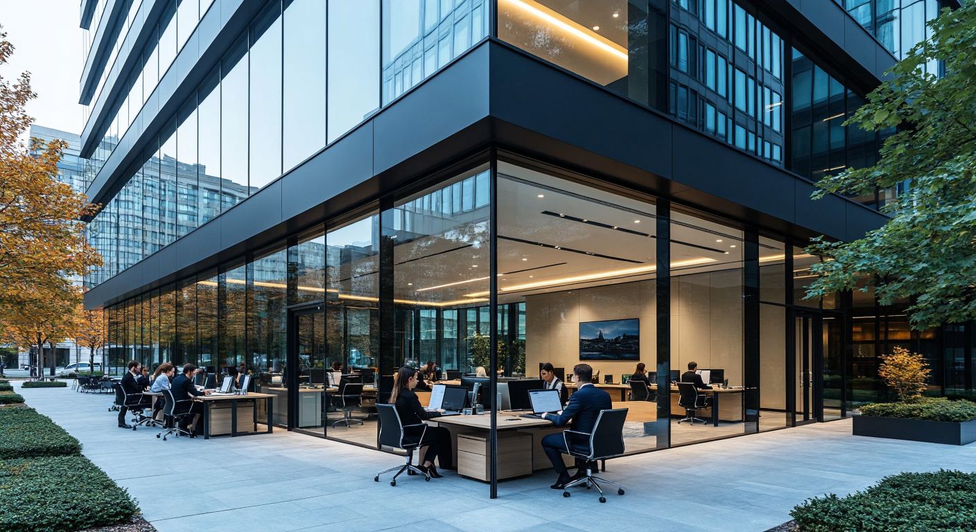 A modern office building with a sleek glass facade, housing a professional consultancy firm, where well-dressed employees in business attire work at desks with computers and documents.