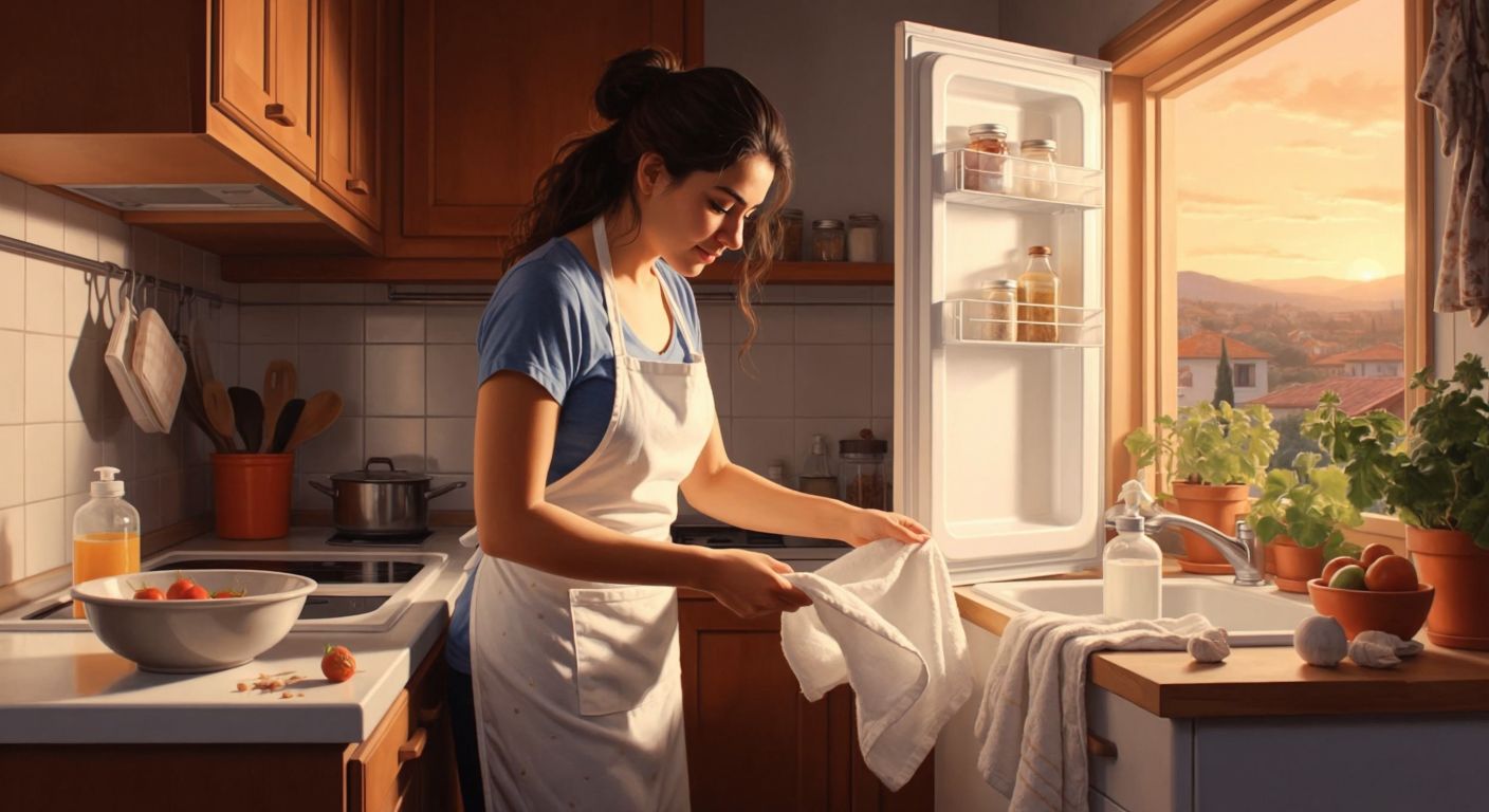 A Turkish woman in a bright kitchen wearing an apron, carefully wiping the thawed base of an open freezer with a soft cloth while a bowl of warm water and detergent sits nearby.