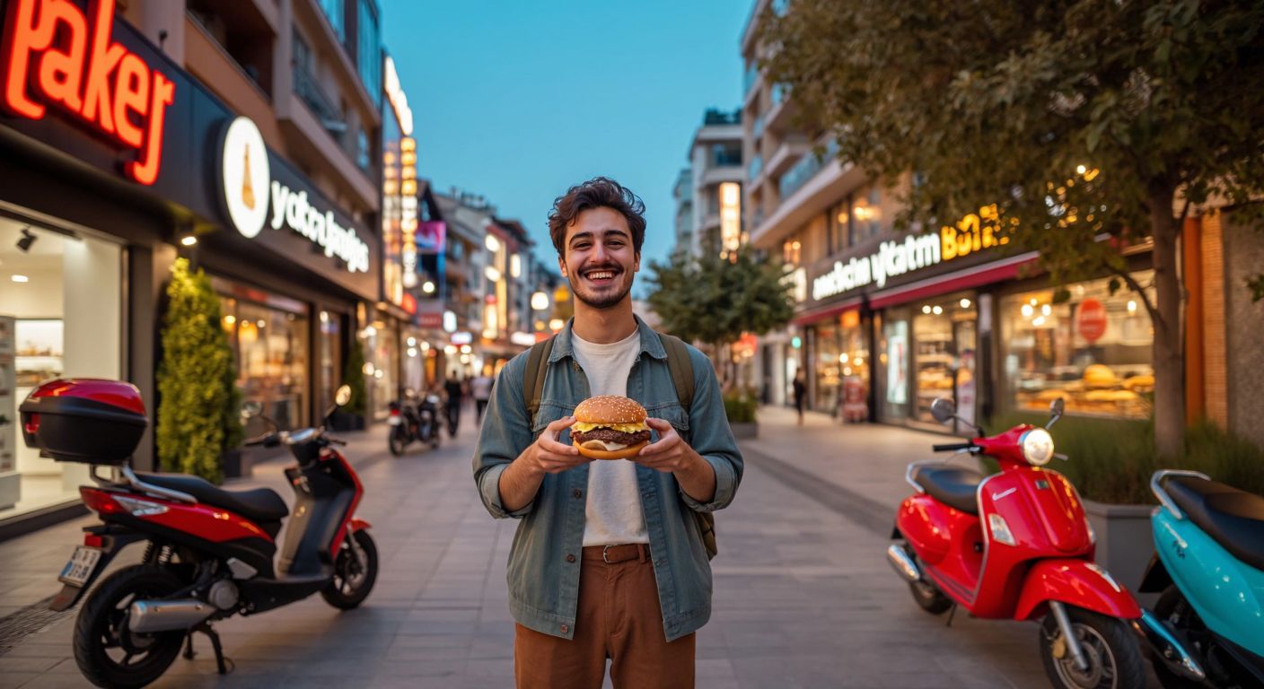 A smiling person in a casual outfit holds a juicy burger from Packet Burger while standing near a food delivery scooter outside Sur Yapı Marka AVM, with a vibrant Turkish street scene in the background.