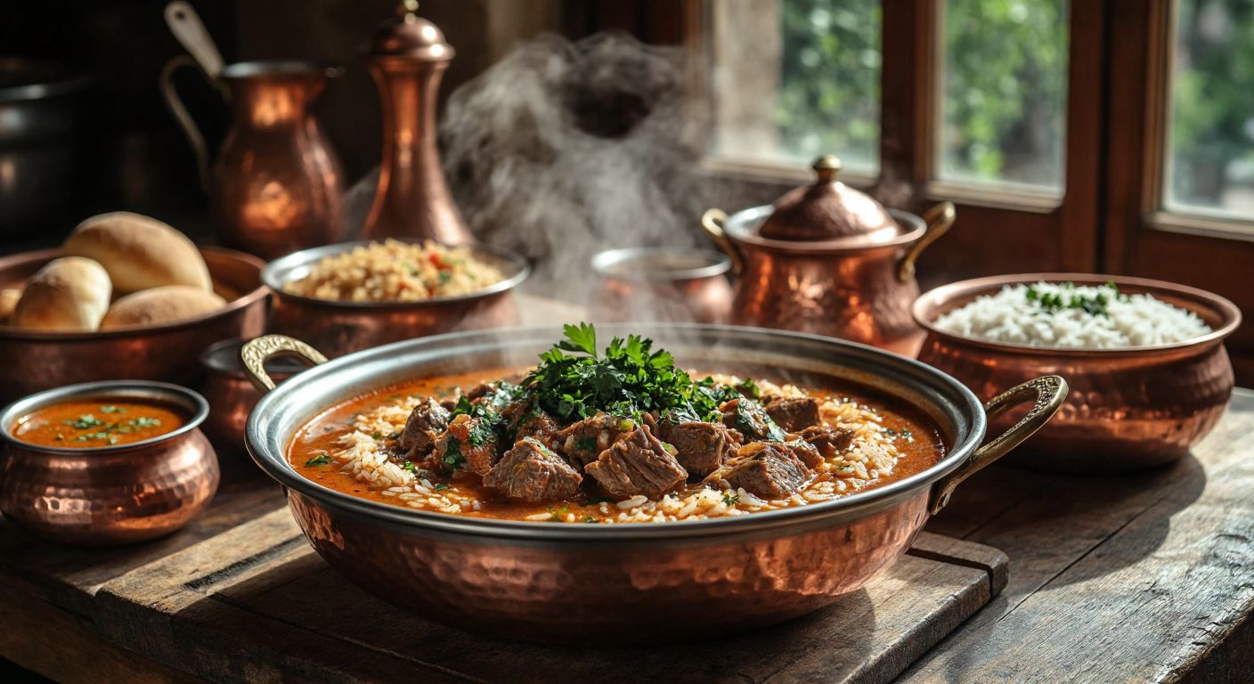 A steaming bowl of spicy **Beyran çorbası** with tender lamb and rice, garnished with fresh parsley, sits on a rustic wooden table in a sunlit Gaziantep kitchen, surrounded by traditional copper pots and warm bread.