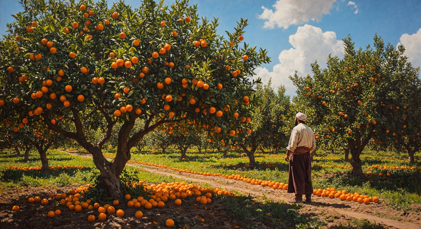 A lush orange tree in a sunlit Turkish orchard, heavy with bright orange fruits, while a farmer in traditional attire carefully inspects the branches.