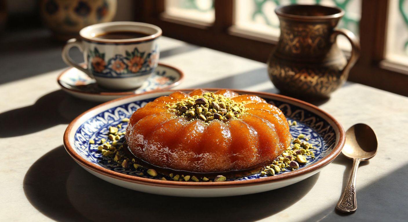 A golden, syrup-drenched **Bağdat Tatlısı** sits on a traditional ceramic plate in a sunlit **Gaziantep** kitchen, surrounded by pistachio crumbs and a steaming cup of Turkish coffee.