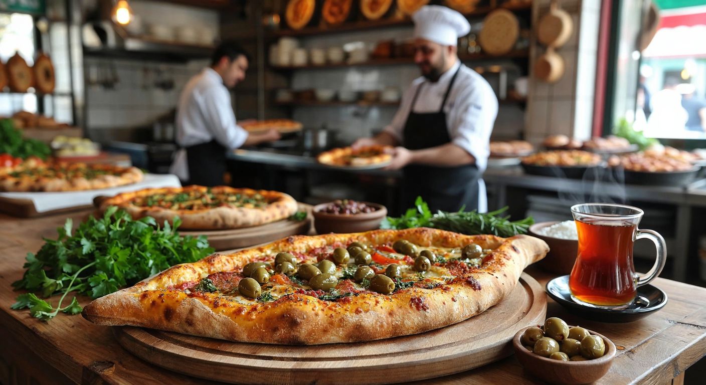 A warm, golden-brown **Pazarcık breakfast pide** sits on a wooden table in a bustling **Kahramanmaraş eatery**, surrounded by fresh herbs, olives, and a steaming cup of Turkish tea, with a smiling chef in a white apron preparing another pide in the background.