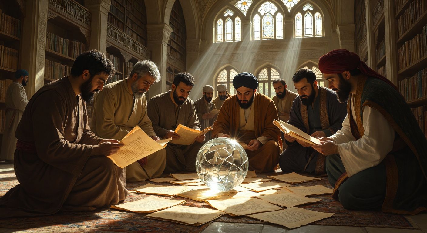 A group of philosophers in a sunlit Ottoman-era library, intently examining scattered parchment scrolls and a glowing, fragmented glass orb symbolizing linguistic and conceptual clarity.