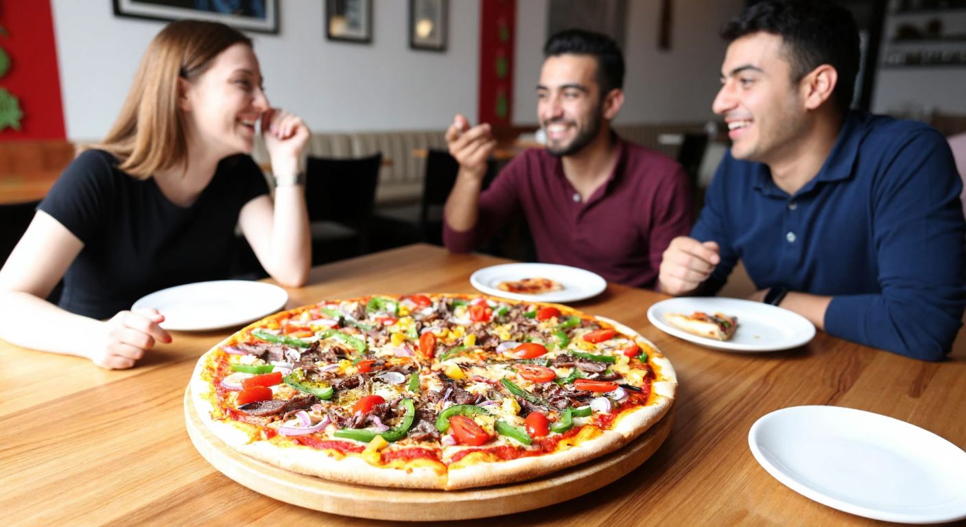 A lively group of three people sharing a large, steaming Pasaport pizza topped with colorful ingredients, sitting at a wooden table in a cozy Turkish pizzeria, smiling and gesturing warmly.