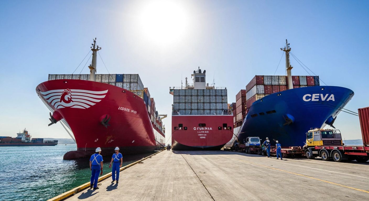 A bustling Turkish port with two distinct cargo ships—one labeled with a traditional Horoz Lojistik emblem (a rooster) and the other with CEVA’s modern branding—docked side by side, while workers in blue uniforms unload containers under a bright sun.