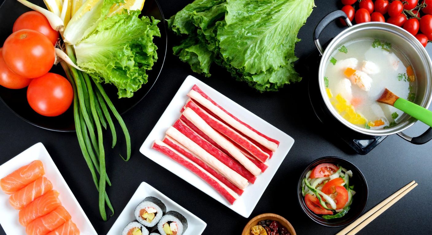 A vibrant Turkish kitchen counter displays neatly arranged surimi sticks alongside fresh vegetables, sushi rolls, a green salad, and a steaming bowl of fish soup, evoking a sense of culinary creativity and healthy eating.