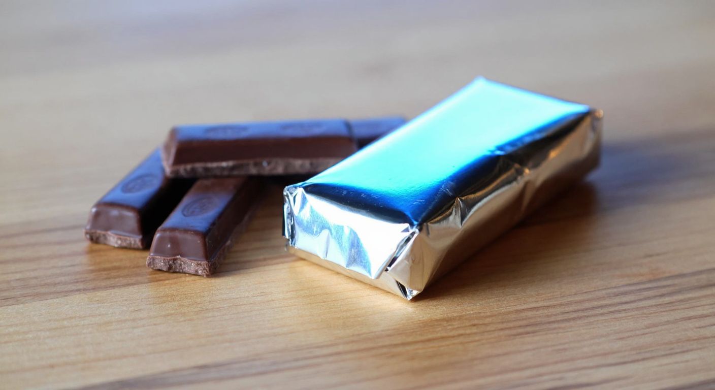 A small, shiny silver-and-blue wrapped chocolate bar resting on a wooden table, with a few unwrapped bars beside it, evoking a simple, satisfying snack moment.