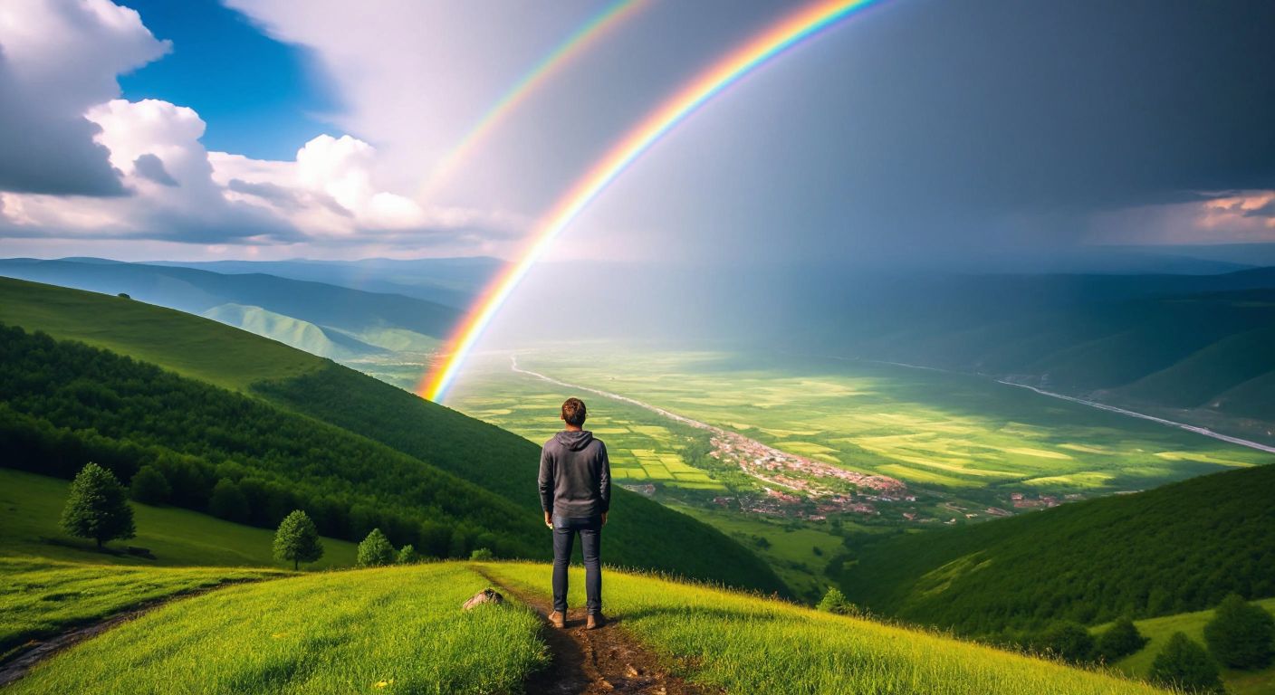 A person standing on a lush green hill in Turkey, facing away from the bright sun, gazing at a vibrant rainbow arching over a rain-drenched valley.