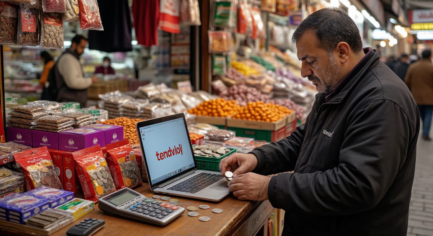 A Turkish merchant in a bustling Istanbul bazaar carefully counting coins next to a laptop displaying Trendyol's logo, with colorful product packages and a calculator nearby.