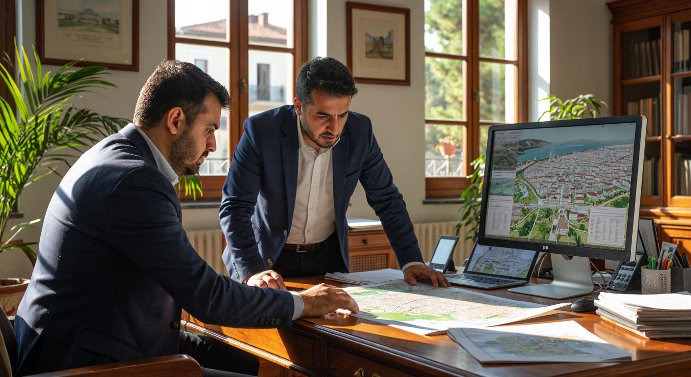 A Turkish man in a button-up shirt sits at a wooden desk in a sunlit municipal office, intently studying a printed map of Çanakkale while a civil servant in a navy blazer points to a computer screen displaying a city planning diagram.