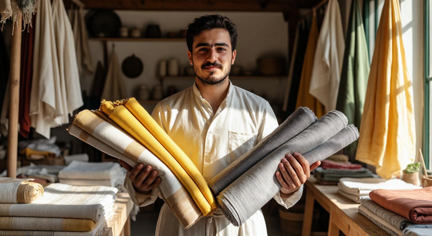 A Turkish textile artisan holds two fabric swatches side by side—one tightly woven and smooth (ranforce) for bedding, the other softer and slightly wrinkled (cotton) for versatile garments—against a sunlit workshop backdrop.