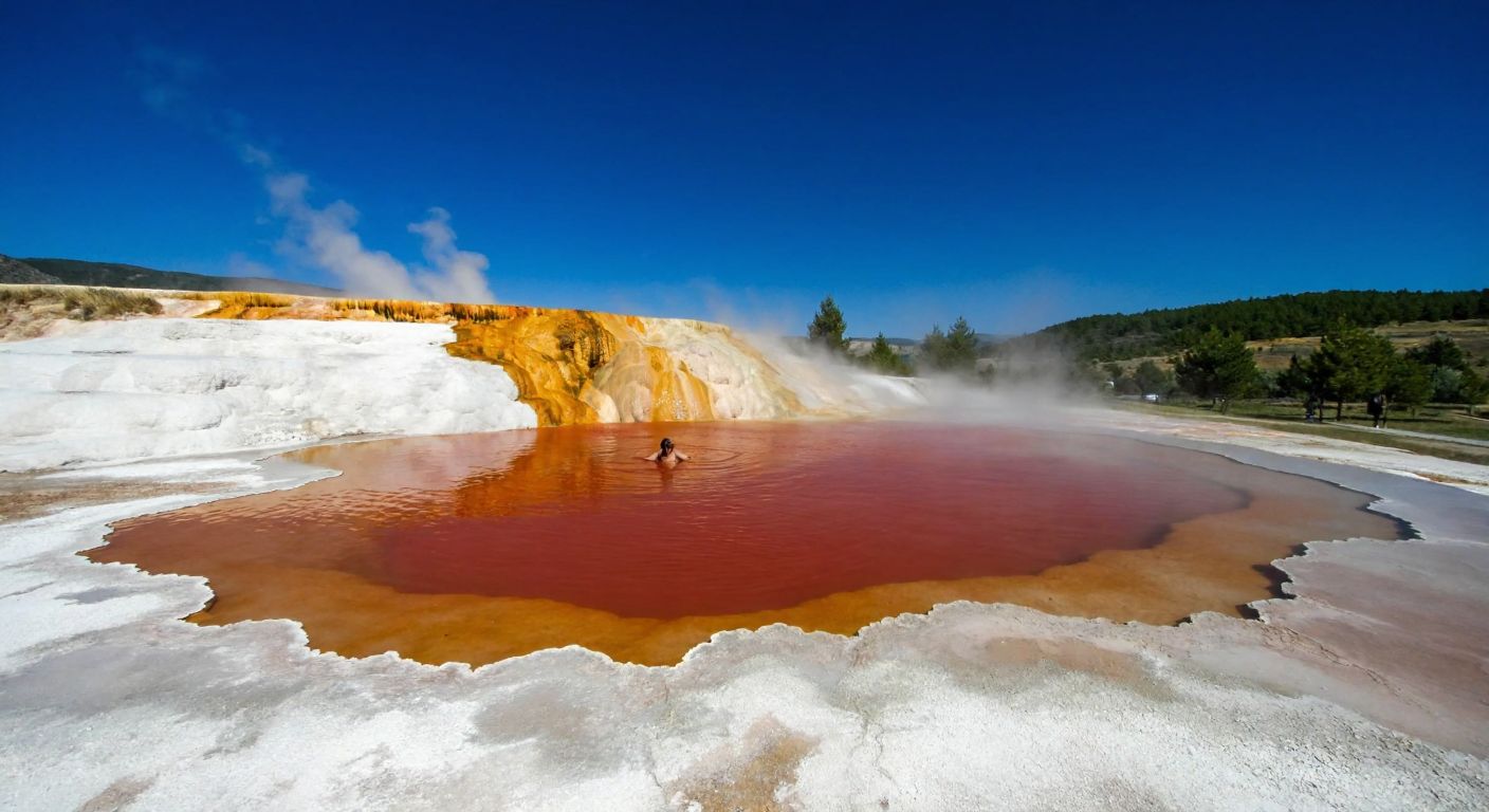 A steaming red-hued thermal pool in Karahayıt, surrounded by white mineral deposits, with a person relaxing in the warm water under a clear blue sky.