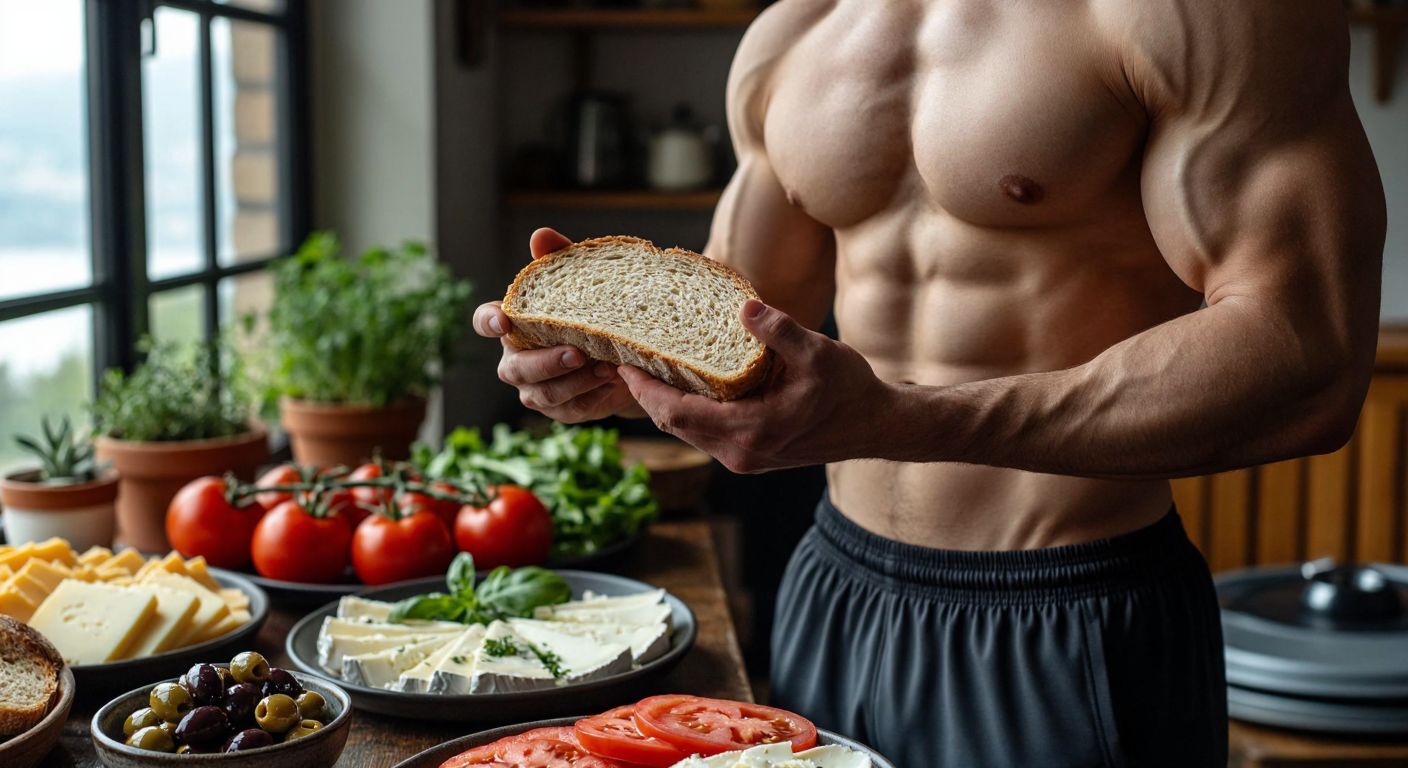 A muscular athlete in a gym holds a slice of whole wheat bread while flexing their arm, with a Turkish breakfast spread of olives, cheese, and tomatoes in the background.