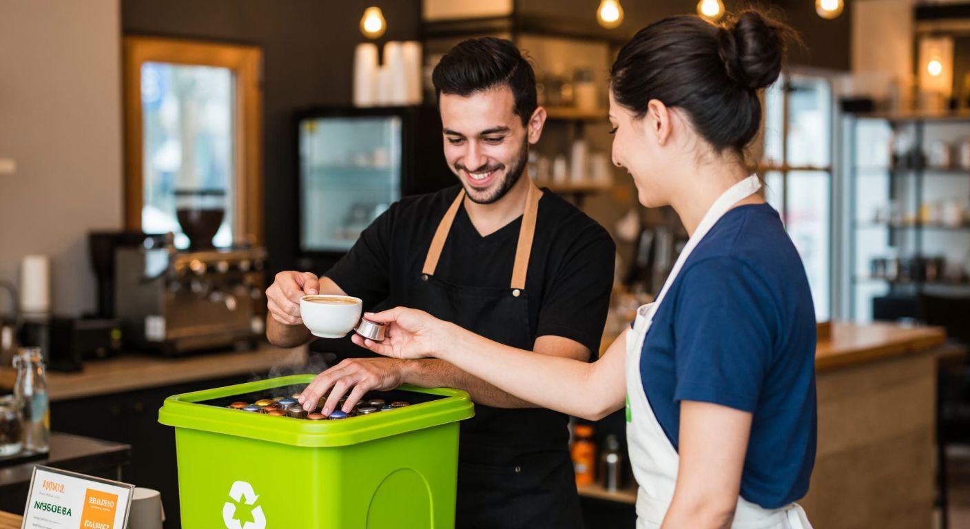 A smiling barista in a cozy Turkish café hands a customer a steaming cup of coffee while placing used Nespresso capsules into a bright green recycling bin labeled with a recycling symbol.