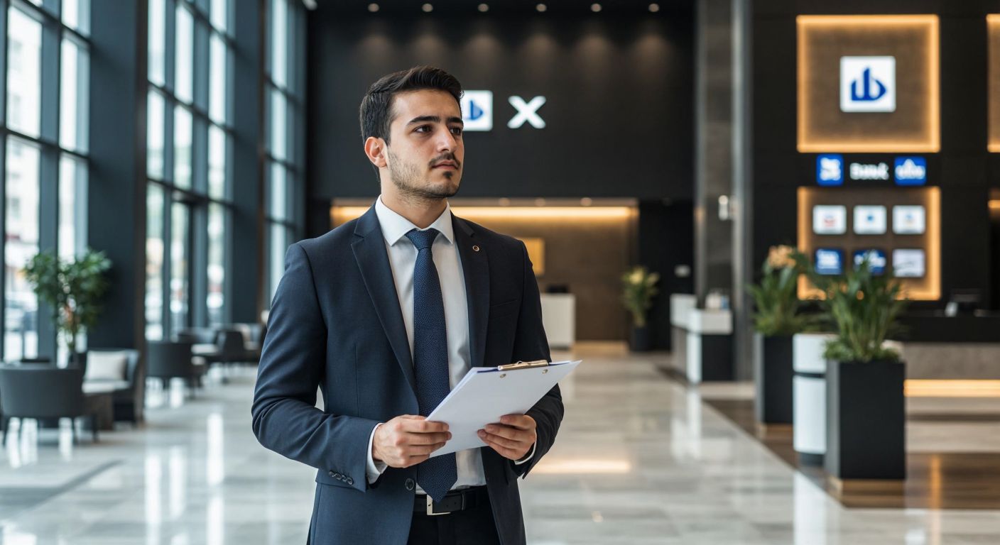 A Turkish businessman in a crisp suit stands in a modern bank lobby, holding a document while looking thoughtfully at a wall displaying logos of various insurance companies and banks.
