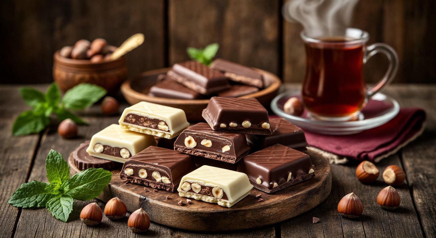 A vibrant display of Tadelle wafer varieties—Maxinut, chocolate, hazelnut-filled, and white chocolate—arranged on a rustic wooden table in a Turkish café, with a steaming cup of çay in the background.