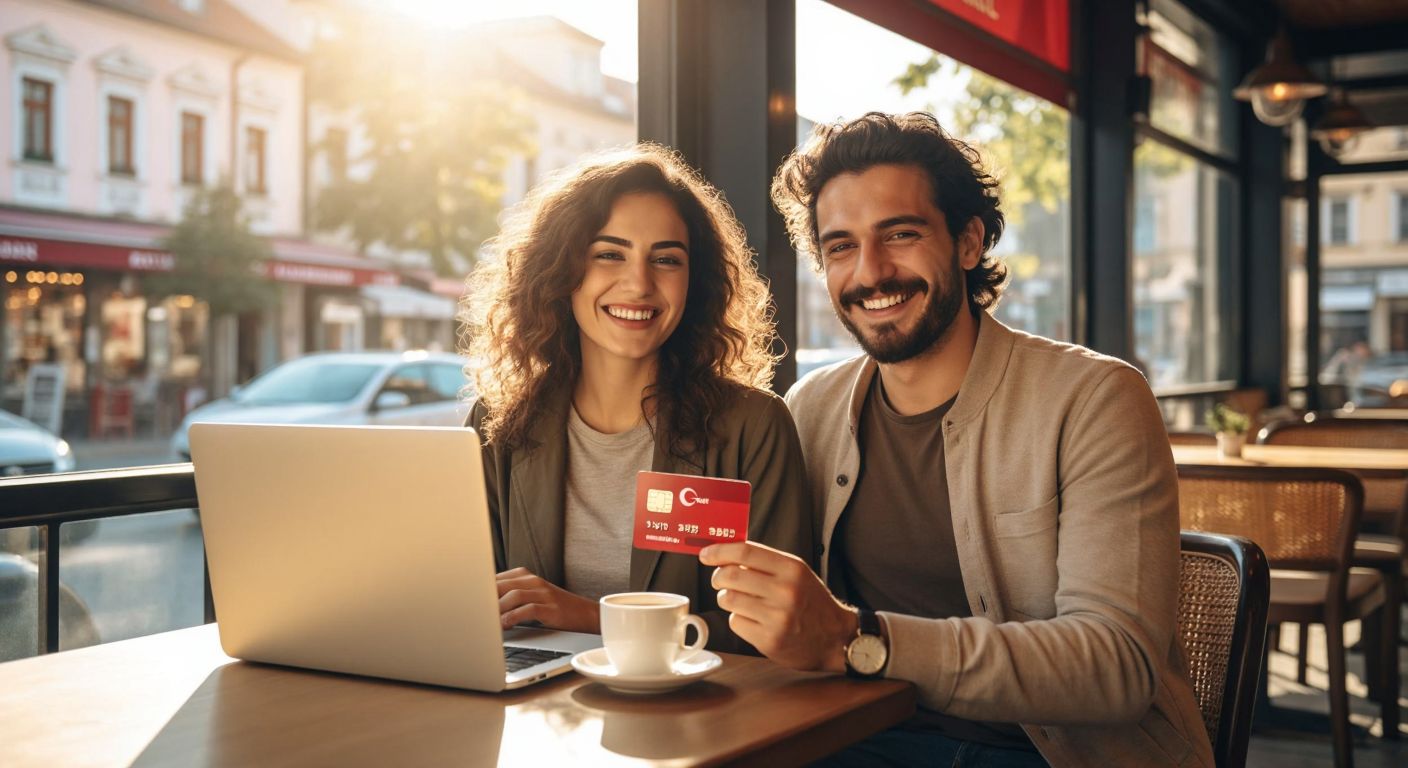 A smiling Turkish couple in casual attire sits at a sunlit café table, holding a Turkish Airlines-branded credit card and a boarding pass, with a laptop displaying a flight booking page and a steaming cup of Turkish tea beside them.