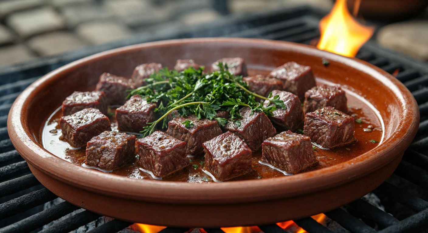 A sizzling clay tile (kiremit) holds juicy, bite-sized cubes of tender beef (dana eti) sizzling in its own juices, surrounded by fresh herbs and glowing embers in a traditional Turkish grill setting.