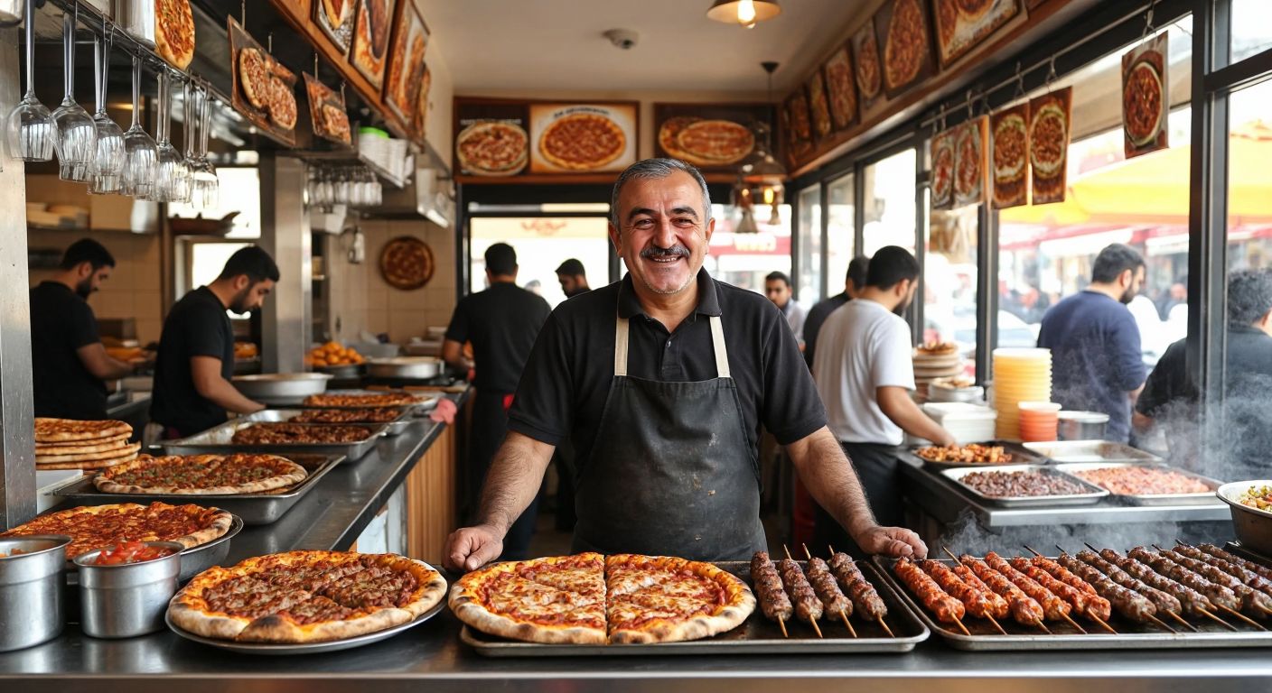 A warm, bustling Turkish pide and kebab restaurant with a middle-aged man (Aytekin Akat) smiling proudly behind a counter, surrounded by steaming trays of freshly baked pide and sizzling kebabs, while his children assist customers in the background.